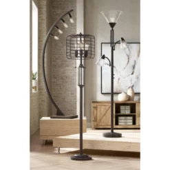 Franklin Iron Works Warwick Industrial Torchiere Floor Lamp With Side Lights 71 1/2" Tall Tiger Bronze LED Clear Seedy Glass For Living Room Reading -Famous Lighting Store GUEST 023745ec 43a4 41a8 8b0c dd8b58eadc03