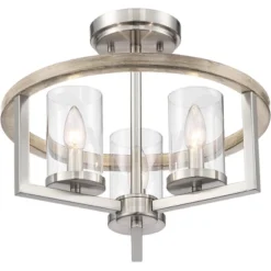 Possini Euro Design Senna Modern Industrial Ceiling Light Semi Flush Mount Fixture 15" Wide Brushed Nickel Gray Wood 3-Light Clear Glass For Bedroom -Famous Lighting Store GUEST 08a6d6bd 0bbb 4c6e a704 3432667d795f