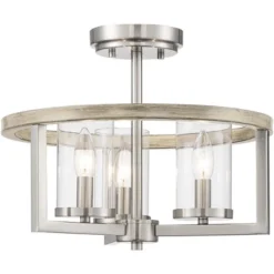Possini Euro Design Senna Modern Industrial Ceiling Light Semi Flush Mount Fixture 15" Wide Brushed Nickel Gray Wood 3-Light Clear Glass For Bedroom -Famous Lighting Store GUEST 08dd1794 0813 479b a383 aeb04b0df2ca