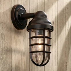John Timberland Marlowe Industrial Outdoor Wall Light Fixtures Set Of 2 Bronze Metal Cage 13 1/4" Clear Glass For Post Exterior Barn Deck House Porch -Famous Lighting Store GUEST 0a055b5c 67cb 4e67 9c89 600d21e0b15e