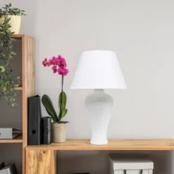 20.08" Traditional Ceramic Texture Imprint Winding Table Desk Lamp With Matching Fabric Shade White - Creekwood Home -Famous Lighting Store GUEST 0ef1a338 3c97 4a9f 9c3f 0ee14a5b37b1