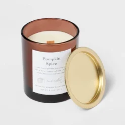 Clear Colored Glass With Woodwick And Brass Metal Inset Lid Pumpkin Spice - Threshold™ -Famous Lighting Store GUEST 0f1ab2d8 1770 4918 b056 6328d597fa18