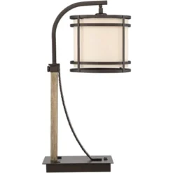 Franklin Iron Works Gentry Industrial Desk Lamp 22" High Oil Rubbed Bronze Faux Wood Cage With USB And AC Power Outlet In Base Oatmeal Shade For Desk -Famous Lighting Store GUEST 19ef54f6 fb9e 4496 a088 ce71f4fcce3f