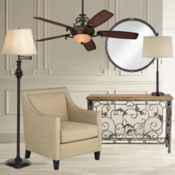 Possini Euro Design Rustic Farmhouse Table Lamp 33" Tall Dark Bronze Metal Off White Burlap Fabric Drum Shade For Bedroom Living Room House Bedside -Famous Lighting Store GUEST 24151bcb b12c 4490 8df1 bd7a6cec36cd