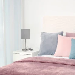 19.5" Bedside USB Port Feature Metal Table Desk Lamp Brushed Steel With Gray Fabric Shade - Creekwood Home -Famous Lighting Store GUEST 38cc2368 e372 469d a053 520542985923