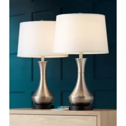 360 Lighting Simon Modern Table Lamps 25 1/2" High Set Of 2 Brushed Nickel With USB Charging Port White Fabric Drum Shade For Bedroom Living Room Desk -Famous Lighting Store GUEST 45d02464 4018 498b a892 f27e1a0c7a9a