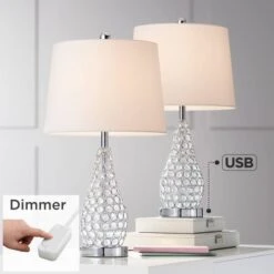 360 Lighting Sergio Modern Accent Table Lamps 23 1/2" High Set Of 2 Acrylic Chrome USB Charging Port White Drum For Bedroom Living Room Bedside Desk