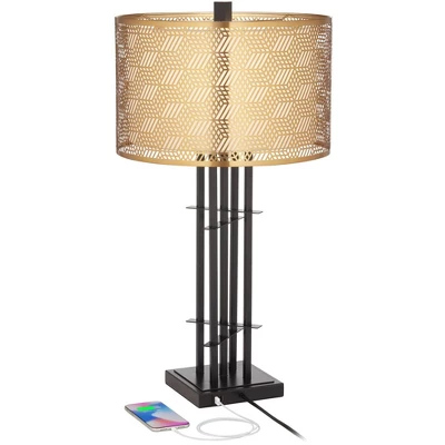 Possini Euro Design Deborah Modern Mid Century Table Lamp 30" Tall Black With USB Charging Port Gold Metal Double Drum Shades For Living Room Desk 2 Possini Euro Design Deborah Modern Mid Century Table Lamp 30" Tall Black With USB Charging Port Gold Metal Double Drum Shades For Living Room Desk - Image 2