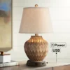 360 Lighting Accent Table Lamp With USB And AC Power Outlet Workstation Charging Base 22" High Warm Bronze Drum Shade Living Room Desk