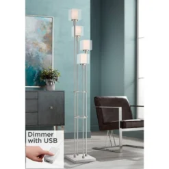Possini Euro Design Modern Tree Floor Lamp With USB Charging Port 4-Light 72" Tall Brushed Nickel Glass Shade Living Room Reading