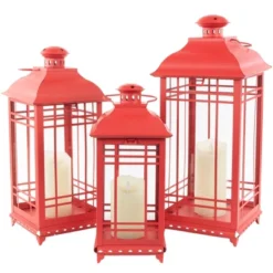 Northlight Set Of 3 Red Mission Style Candle Lanterns 19.5"