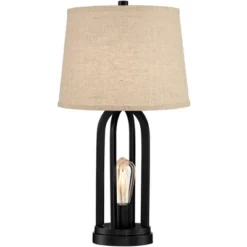 360 Lighting Marcel Industrial Table Lamps 24 1/4" High Set Of 2 Black With USB Port LED Nightlight Burlap Drum Shade For Bedroom Living Room Desk -Famous Lighting Store GUEST 85d8803d 9835 4606 831b 7090d5efa50a
