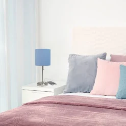 19.5" Bedside USB Port Feature Metal Table Desk Lamp Brushed Steel With Blue Fabric Shade - Creekwood Home -Famous Lighting Store GUEST 8b0864bb 9369 486d 9016 38279ea1e663