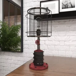 10" X 21" Industrial Accent Lamp With Iron Wire Cage Shade Red/Black - Olivia & May -Famous Lighting Store GUEST 8b0df590 7e45 42f4 a1ed 1652837ffde6