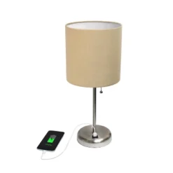 19.5" Bedside USB Port Feature Metal Table Desk Lamp Brushed Steel With Tan Fabric Shade - Creekwood Home -Famous Lighting Store GUEST 8fd30dfb c490 4daf 84e1 d112a97b6dba