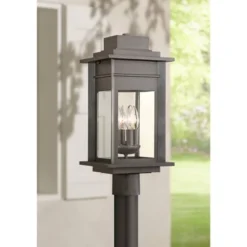 Franklin Iron Works Rustic Outdoor Post Light Fixture LED Black Specked Gray 31 1/2" Clear Glass For Exterior Garden Yard Driveway