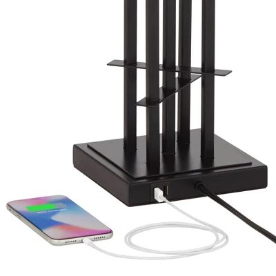 Possini Euro Design Deborah Modern Mid Century Table Lamp 30" Tall Black With USB Charging Port Gold Metal Double Drum Shades For Living Room Desk 3 Possini Euro Design Deborah Modern Mid Century Table Lamp 30" Tall Black With USB Charging Port Gold Metal Double Drum Shades For Living Room Desk - Image 3