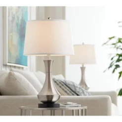 360 Lighting Simon Modern Table Lamps 25 1/2" High Set Of 2 Brushed Nickel With USB Charging Port White Fabric Drum Shade For Bedroom Living Room Desk -Famous Lighting Store GUEST 9720b799 16c4 428e 9769 9e0d90f9cf62