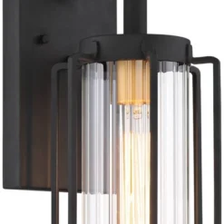 Minka Lavery Modern Outdoor Wall Light Fixture Sand Black 16" Clear Ribbed Glass Shade For Post Exterior Deck Porch Yard Patio