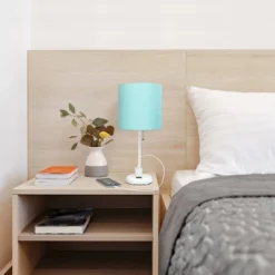 19.5" Bedside Power Outlet Base Metal Table Desk Lamp In White With Aqua Blue Fabric Shade - Creekwood Home -Famous Lighting Store GUEST a5710162 aa86 41e0 88b7 204f955ab3a6