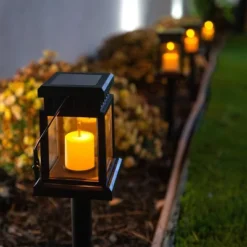 Set Of 6 Outdoor Solar Powered Hanging/Stake Lanterns Black - Alpine Corporation
