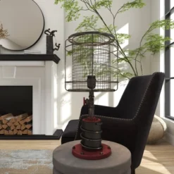 10" X 21" Industrial Accent Lamp With Iron Wire Cage Shade Red/Black - Olivia & May -Famous Lighting Store GUEST b9c3ab70 78be 467d 9e36 384650e7329a