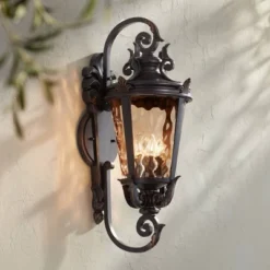 John Timberland Casa Marseille Vintage Rustic Outdoor Wall Light Fixture Veranda Bronze Ornate Scroll 31" Champagne Hammered Glass For Post Exterior