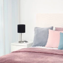 19.5" Bedside USB Port Feature Metal Table Desk Lamp Brushed Steel With Black Fabric Shade - Creekwood Home -Famous Lighting Store GUEST c4f245f1 cc77 447b bf83 88392b512e50