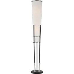 Possini Euro Design Flute Modern Torchiere Floor Lamp 64" Tall Satin Black Brushed Nickel White Linen Shade For Living Room Bedroom Office House Home -Famous Lighting Store GUEST c56dd1f3 c98f 40da 9933 1867b845c526