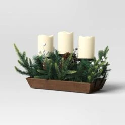 Battery Operated Flameless Pillar Candle And Black Candle Holder In Wood Tray With Faux Christmas Greenery - Wondershop™ -Famous Lighting Store GUEST d0b42b71 c387 4991 b229 9f700eeb7eb1