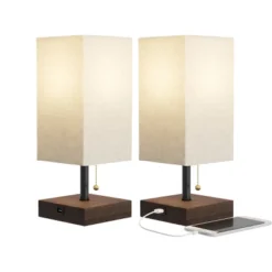 Small Table Lamp Set With Wood Base – Set Of 2 Modern Rectangle Lights With LED Bulb IncludeDecor Living Room, Bedroom, Or Home Office By Lavish Home -Famous Lighting Store GUEST d136bd32 0a4a 4d61 9b50 01ff40f4c9c4