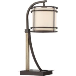 Franklin Iron Works Gentry Industrial Desk Lamp 22" High Oil Rubbed Bronze Faux Wood Cage With USB And AC Power Outlet In Base Oatmeal Shade For Desk -Famous Lighting Store GUEST e3cef309 c454 45d6 a010 6a10c5bf9fcd