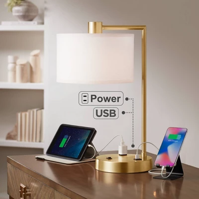 360 Lighting Colby Modern Desk Lamp 21" High Antique Gold With USB And AC Power Outlet In Base White Linen Drum Shade For Bedroom Living Room Desk 1 360 Lighting Colby Modern Desk Lamp 21" High Antique Gold With USB And AC Power Outlet In Base White Linen Drum Shade For Bedroom Living Room Desk