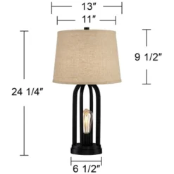 360 Lighting Marcel Industrial Table Lamps 24 1/4" High Set Of 2 Black With USB Port LED Nightlight Burlap Drum Shade For Bedroom Living Room Desk -Famous Lighting Store GUEST eb633317 f600 45d3 ae18 d56b75f16339
