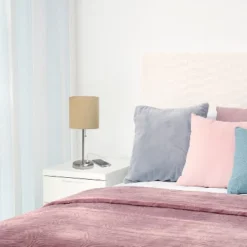 19.5" Bedside USB Port Feature Metal Table Desk Lamp Brushed Steel With Tan Fabric Shade - Creekwood Home -Famous Lighting Store GUEST f05834ce 5eac 442e 8484 da48eb1efe57