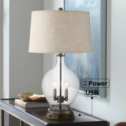 Regency Hill Country Table Lamp With USB And AC Power Outlet Workstation Charging Base Nightlight 29" Tall Clear Glass Bronze Living Room Bedroom