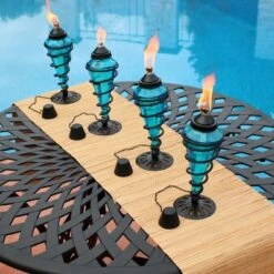 Sunnydaze Decor Sunnydaze Outdoor Tabletop Glass And Metal Swirl Patio Table And Lawn Torch Set - Blue