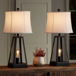 Franklin Iron Works Kacey Modern Table Lamps 25 1/4" High Set Of 2 Dark Metal With USB Charging Port Nightlight LED White Softback Shade For Home Desk -Famous Lighting Store GUEST f5808398 da1f 4106 9a73 b99f0339bbb3