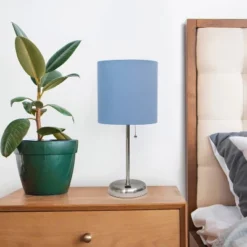 19.5" Bedside USB Port Feature Metal Table Desk Lamp Brushed Steel With Blue Fabric Shade - Creekwood Home -Famous Lighting Store GUEST f76e29a9 b06d 4094 bd3f b9662425b26b